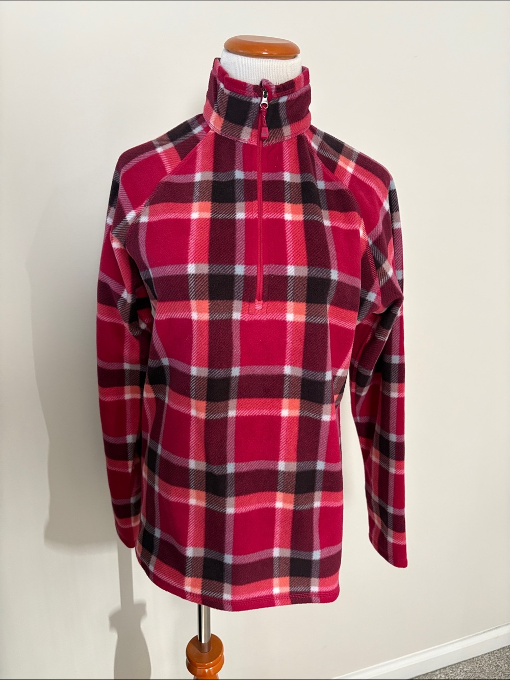 Eddie Bauer Pink Plaid Quarter-Zip Fleece Pullover